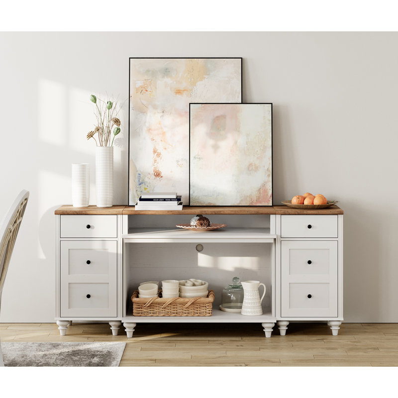 Charlton Home Sideboard Cabinet With 2 Drawers And 2 Open Shelves Vintage Wood Grain Design Buffet Cabinet With Charging Station White 70 Inch Wayfair